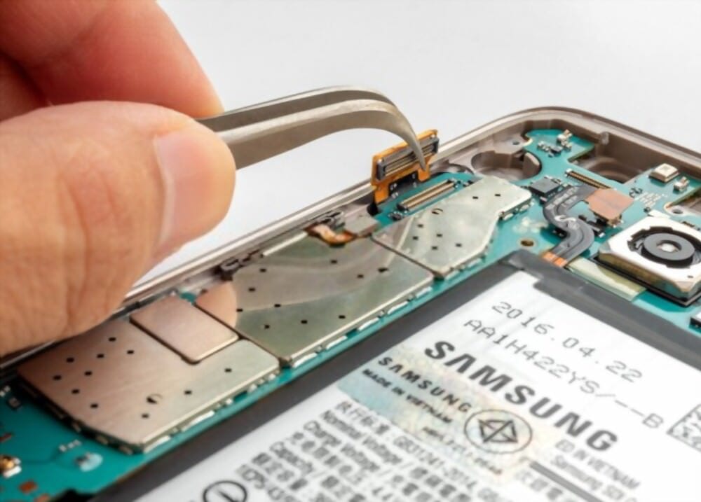 Samsung device opened for board-level repair on the bench