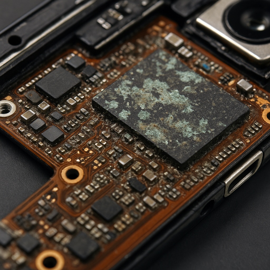 Close-up of water-damaged iPhone motherboard showing corrosion deposits on solder joints and IC chips at Wildfire Data Recovery
