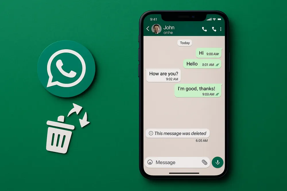 WhatsApp data recovery from iPhone showing deleted message notification and forensic recovery overlay