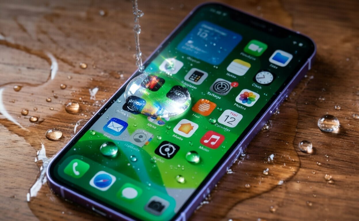 Water damaged iPhone showing liquid ingress damage and corrosion on internal components requiring professional data recovery