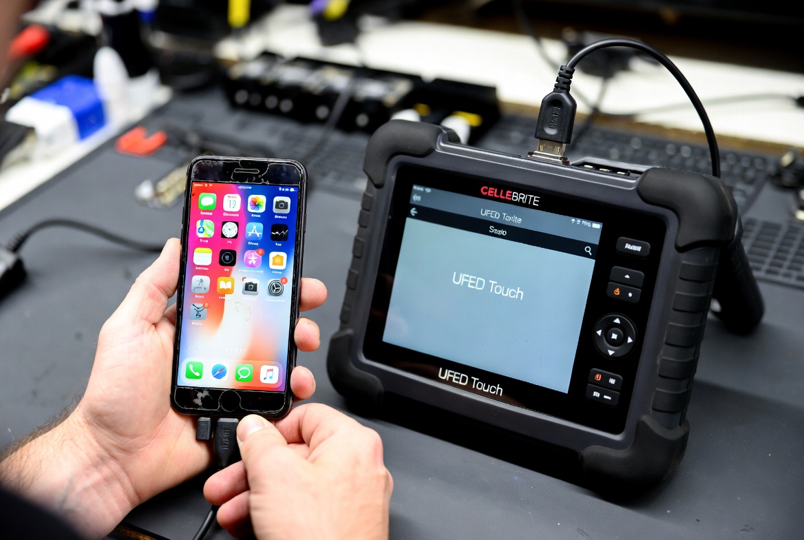 Mobile Phone Data Recovery 5 iPhone connected to Cellebrite UFED equipment during a forensic extraction