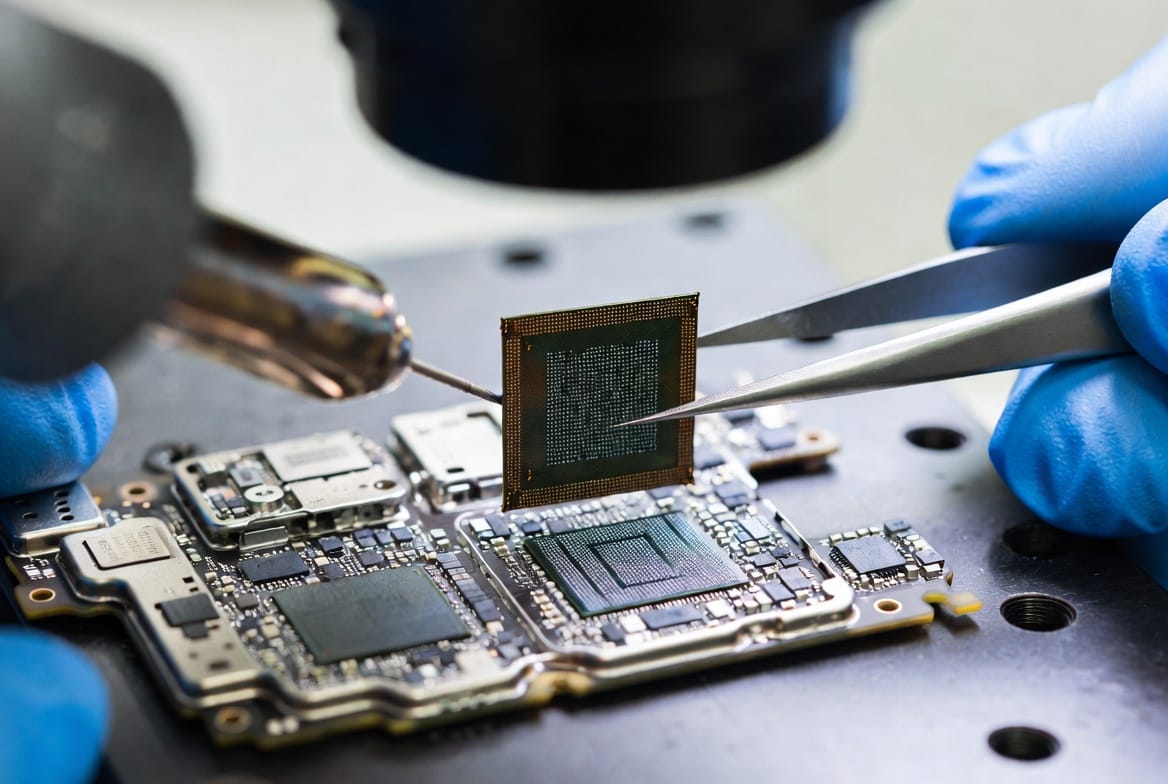 WhatsApp Deleted Message Recovery 9 Close-up of IC chip removal using tweezers during chip-off forensic extraction