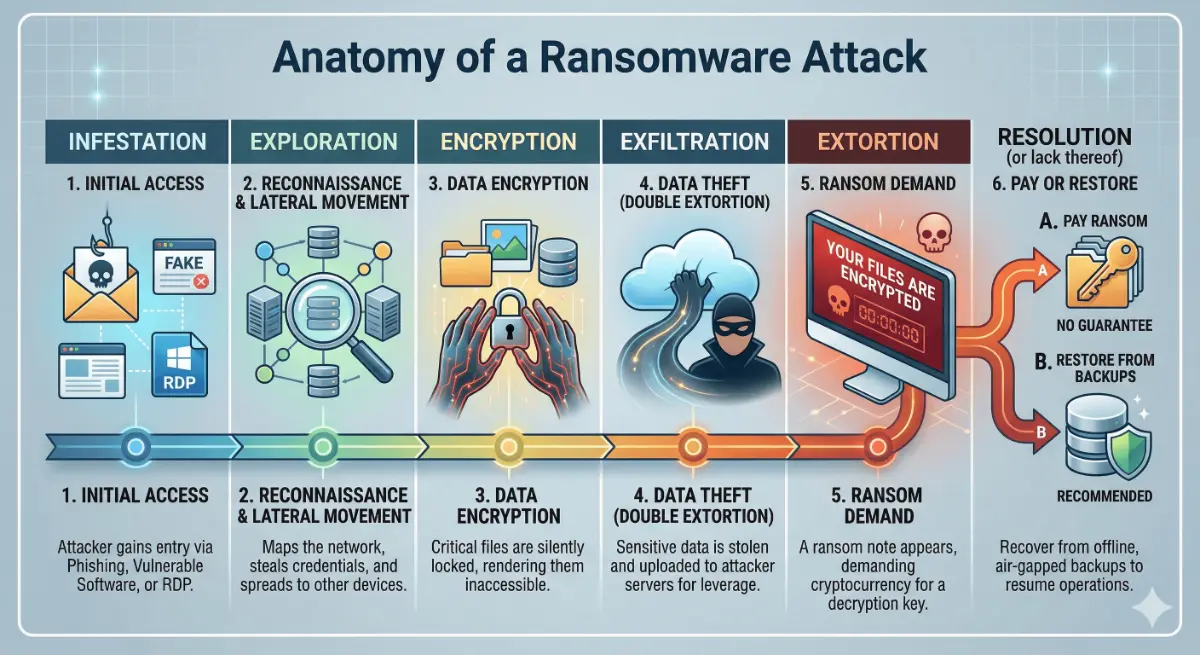 Ransomware Prevention: Data Recovery Strategies 2026 | Wildfire Data Recovery 2 How ransomware works - diagram showing the stages of a ransomware attack from initial infection through encryption and ransom demand