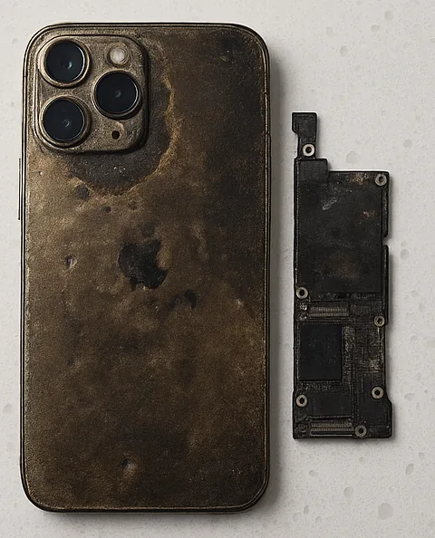 iPhone 11 Pro burnt in a house fire with heat-damaged logic board, a fire damage case type handled by Wildfire Data Recovery