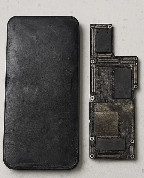 iPhone 12 Pro Max crushed by industrial equipment with the logic board removed, a physical damage case type handled by Wildfire Data Recovery