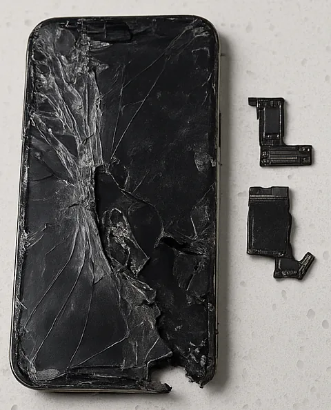 iPhone 13 Pro run over by a vehicle with its logic board broken in two, the kind of physical damage Wildfire Data Recovery sees on the mobile bench
