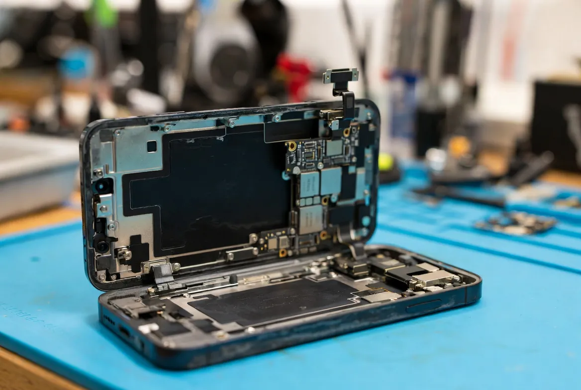 Digital Forensics Brisbane | Wildfire Data Recovery 6 iPhone opened on the forensic bench for assessment before mobile phone forensics extraction