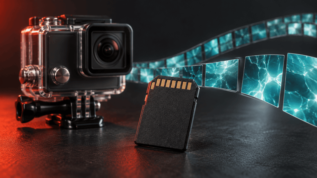Editorial illustration of an action camera, SD card and reconstructed video frames