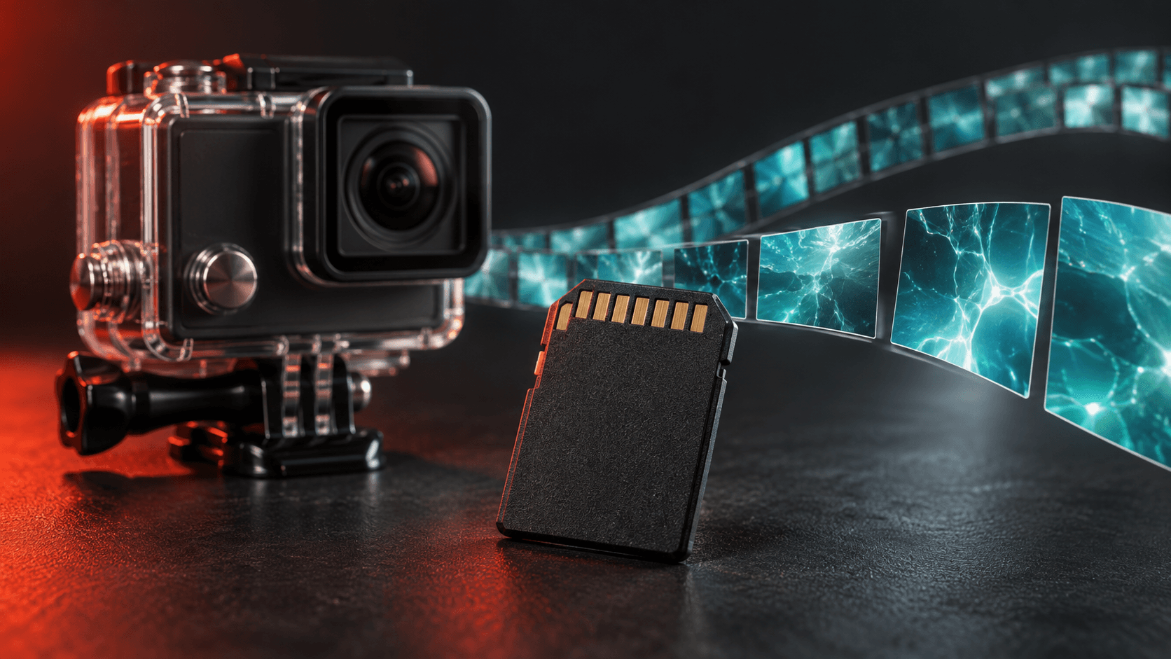 Conceptual action camera and SD card beside reconstructed video frames containing abstract underwater light.