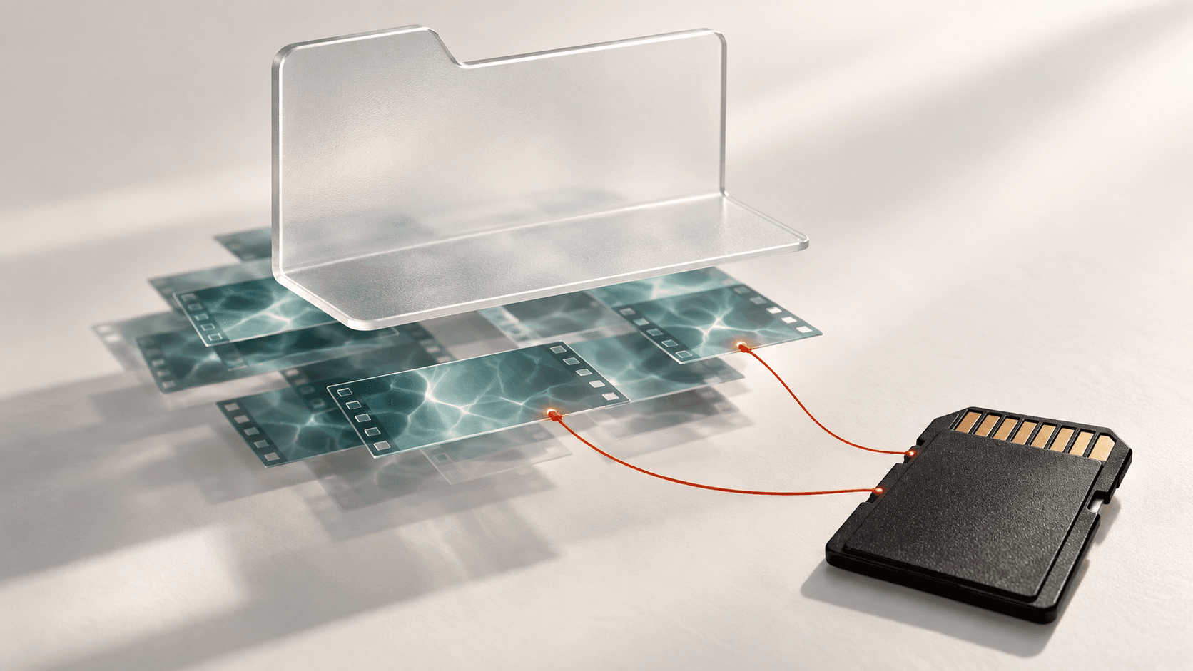 An empty translucent folder above stored frame tiles connected to an SD card, illustrating separate directory and media layers.