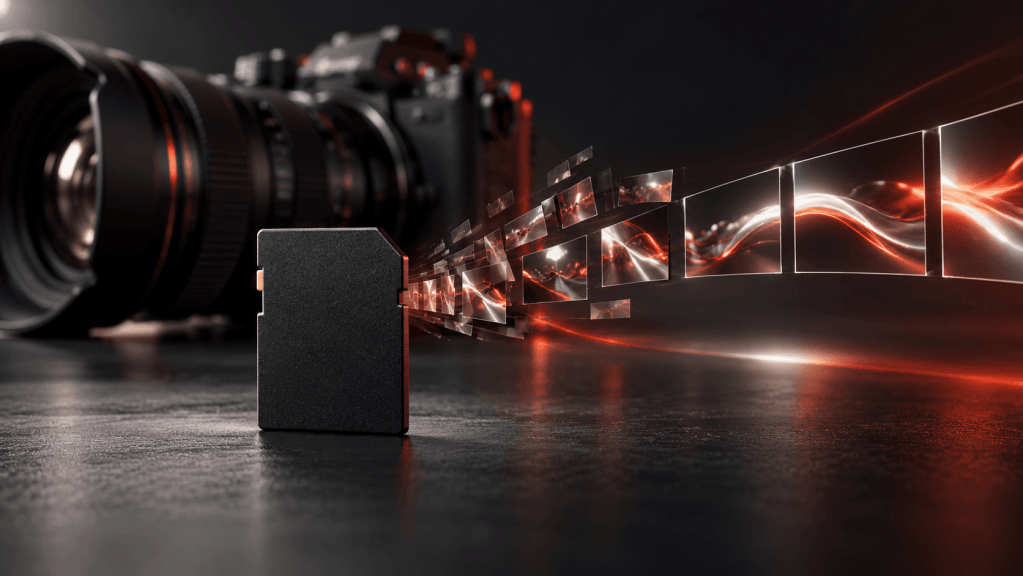 Editorial illustration of a camera, an SD card and recovered video frames for a formatted SD card data recovery case