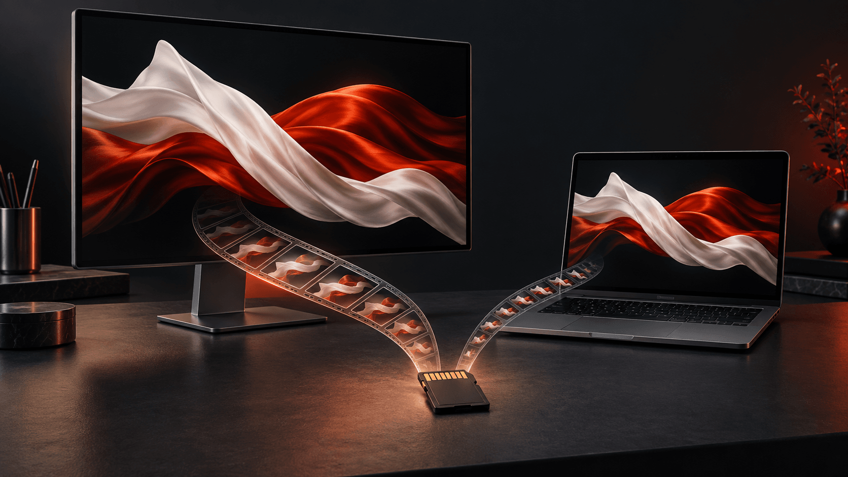 A large display and laptop show the same abstract scene, representing a preserved master and a separate viewing copy.